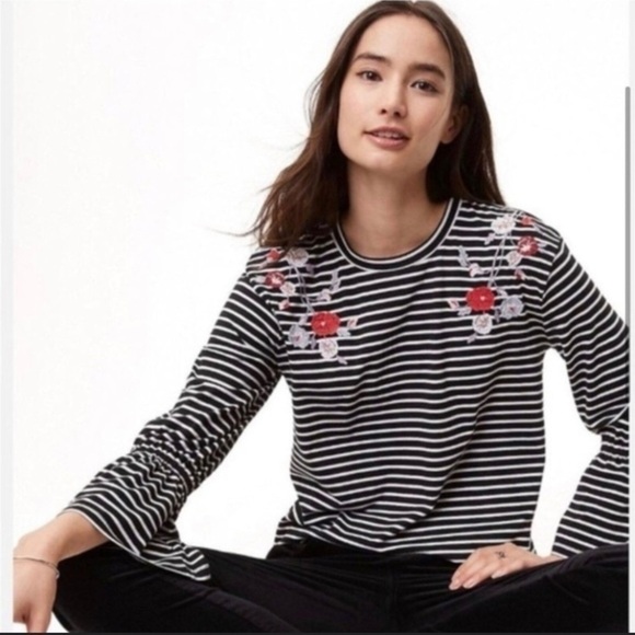 Loft Floral Embroidered Striped Long Sleeve Blouse - Picture 1 of 5